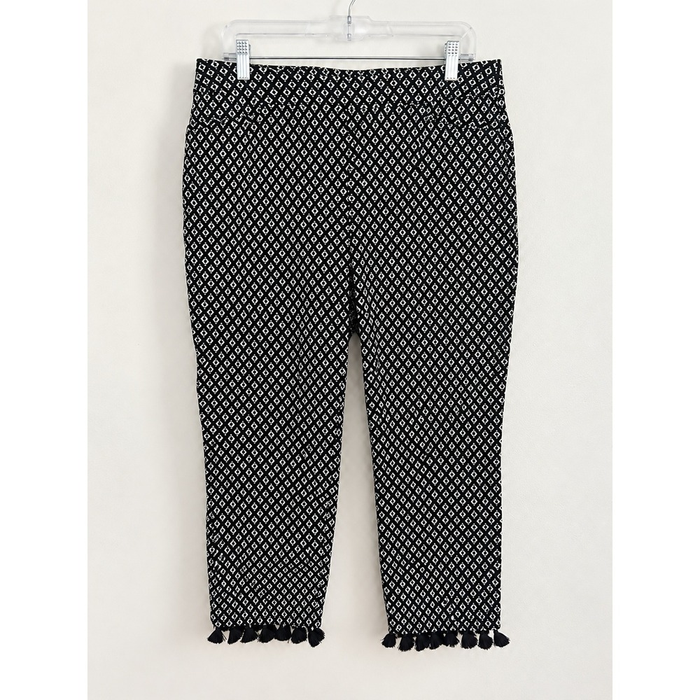 Chico's Women Black Tassel Hem Geometric Diamond Crop Stretch Pants 2 or 12